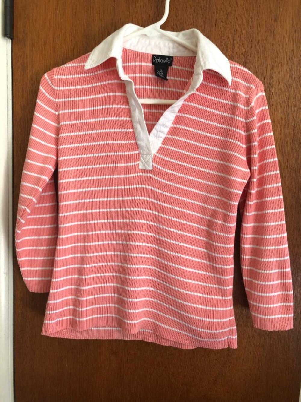 Rafaella, Orange w/White Stripe, 100% Cotton Long Sleeve Collared Sweater, Sz: S